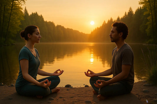 Zwei Menschen meditieren mit entspannt geformten Händen in Chin Mudra am Seeufer bei Sonnenaufgang – Symbol für Harmonie, Ruhe und innere Stille