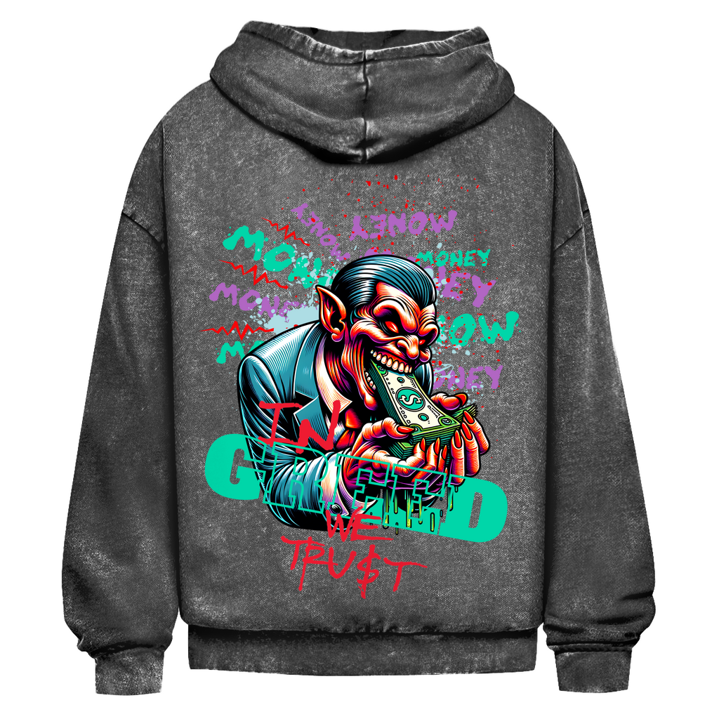 In Greed We Trust Washed Hoodie BluePears
